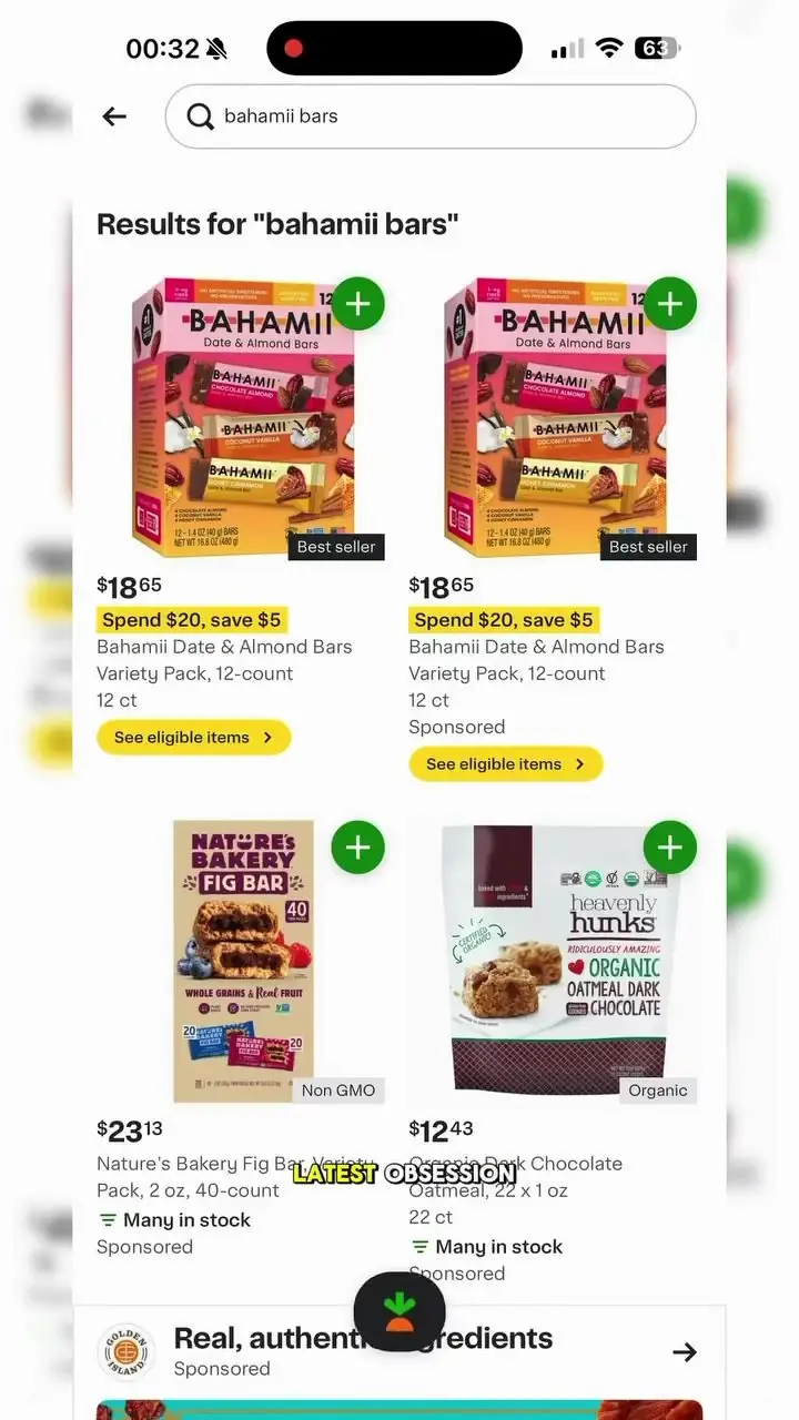 Bahamii in Instacart search results with a Best seller tag